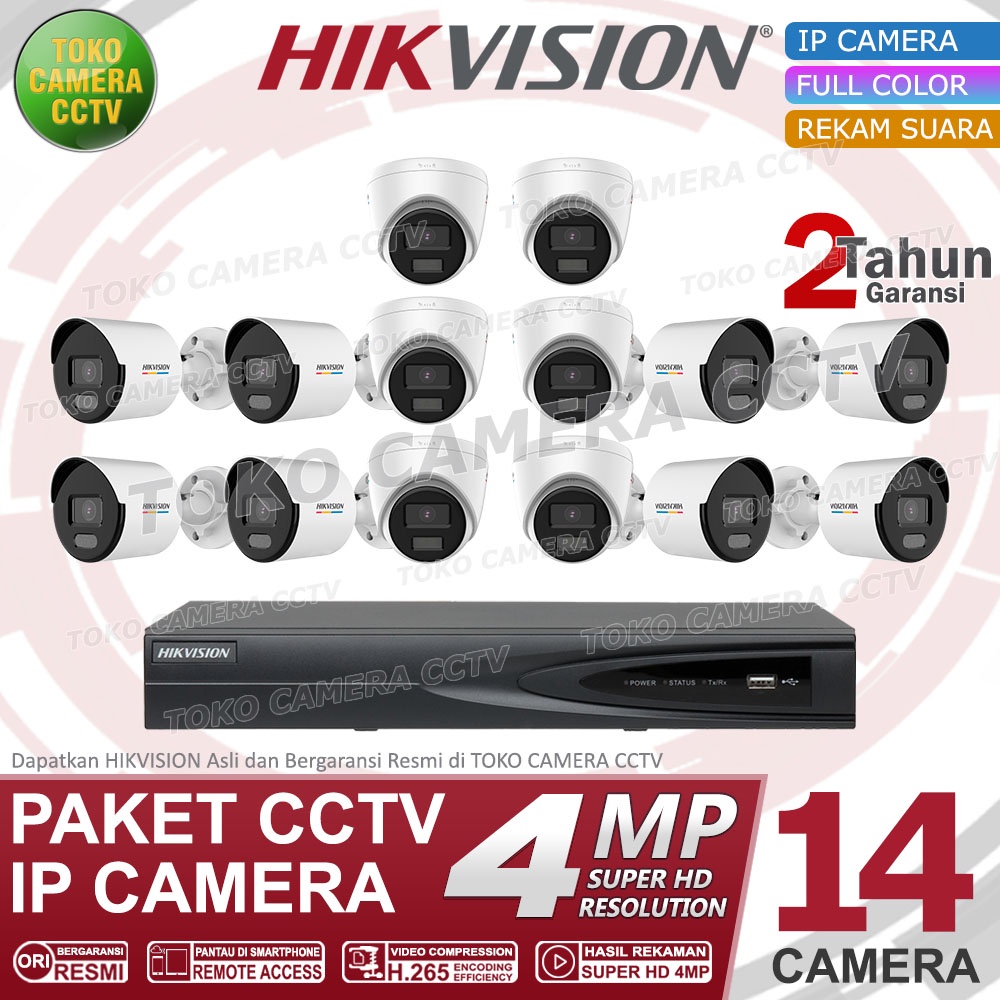 PAKET CCTV IP CAMERA HIKVISION 4MP COLORVU AUDIO 16 CHANNEL 14 KAMERA