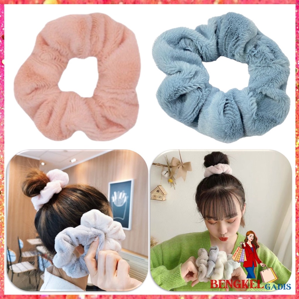 BG Ikat Rambut Scrunchie Hijab Gelang Hairband Kunciran Lingkar Besar Bulu Lembut Korea Motif Polos