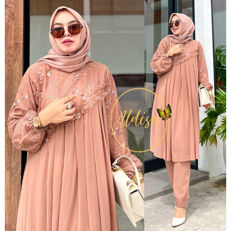 aimi mocca setelan tunik celana pesta polos brukat mewah by aldisa