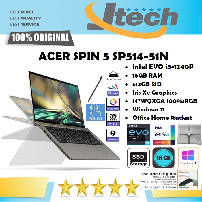 ACER Spin 5 SP514-51N - i5-1240P - 16GB - 512GB SSD - 14&quot;QHD IPS X360 TOUCH 100%sRGB - WIN11 - OFFICE HOME STUDENT