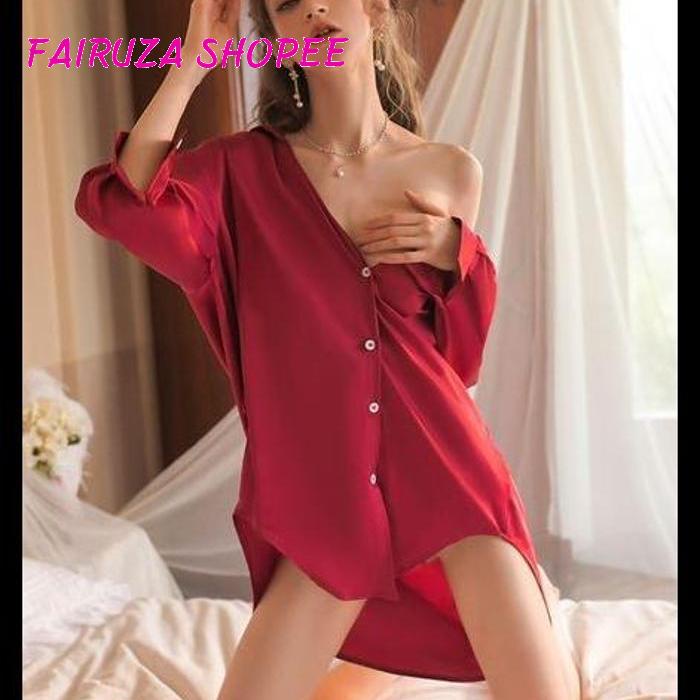 BAJU TIDUR WANITA KANCING KEMEJA LINGERIE SEXY NEW SATIN PIYAMA BAJU TIDUR WANITA KANCING KEMEJA LIN