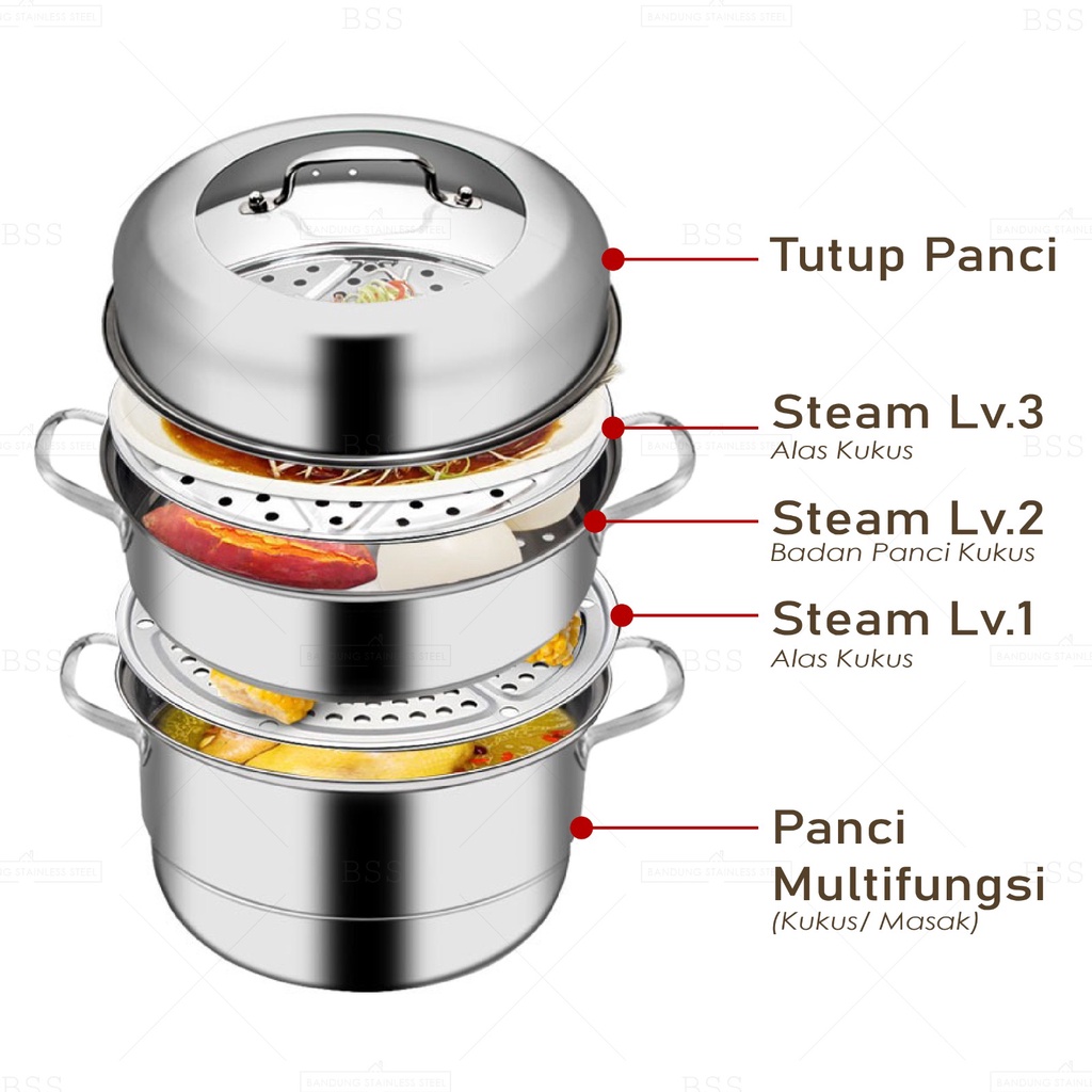 Panci Kukus 3 Susun 32cm 34cm Steam Pot Steamer Makanan Siomay  Multifungsi Stainless Tebal Tutup Kaca Kombinasi