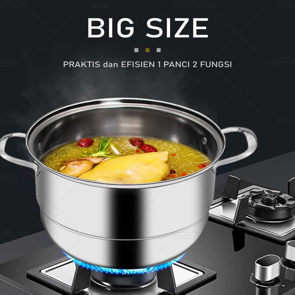 Panci Kukus 3 Susun 32cm 34cm Steam Pot Steamer Makanan Siomay  Multifungsi Stainless Tebal Tutup Kaca Kombinasi