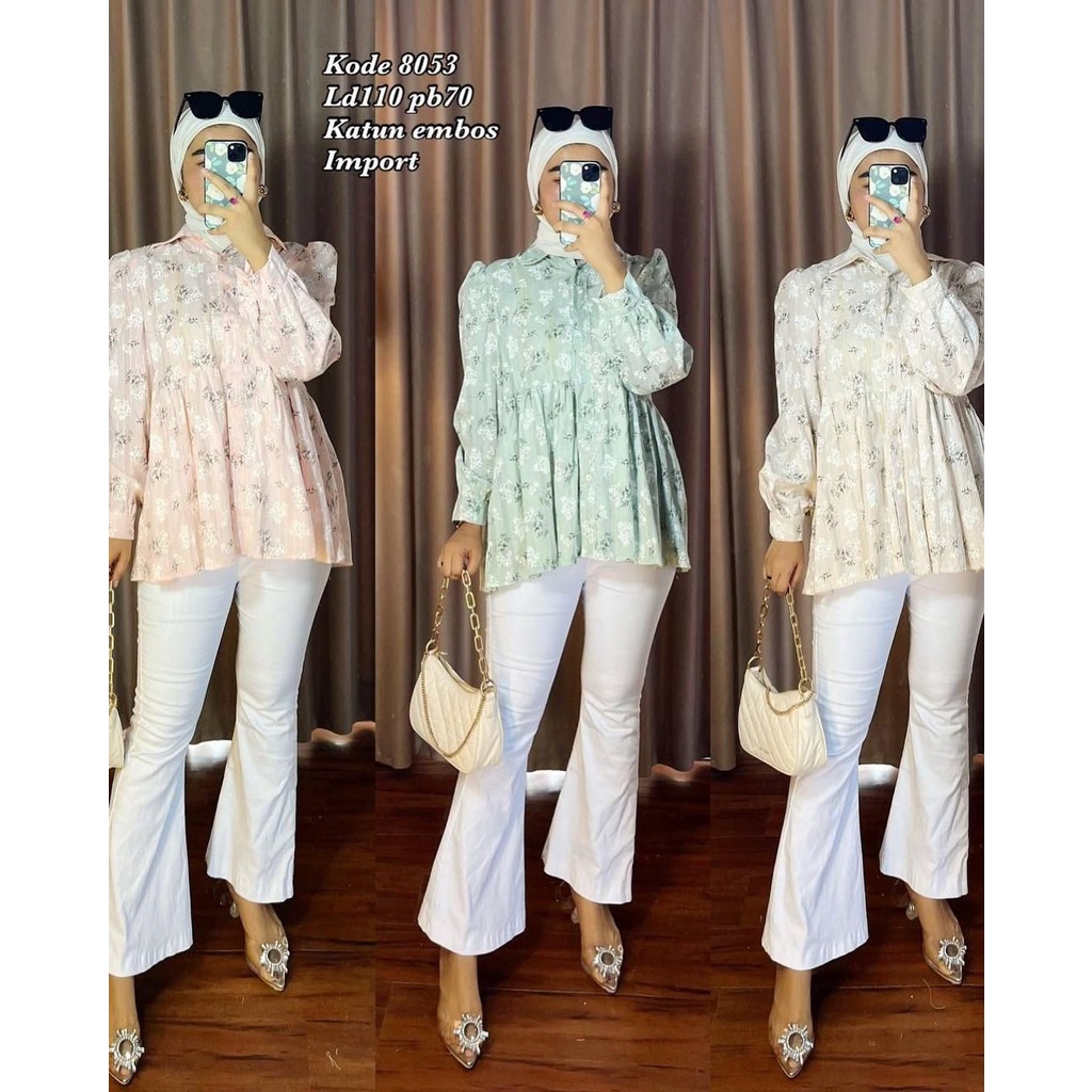 Claudia Flower Blouse |  Atasan kemeja premium emboss korea bkk kerja kantor