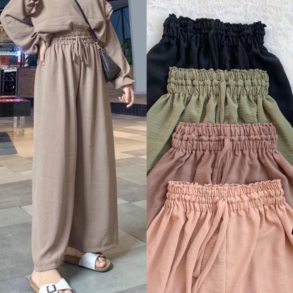 kulot crinkle airflow panjang highwaist jumbo premium kekinian korean style celana wanita santai pinggang karet terbaru