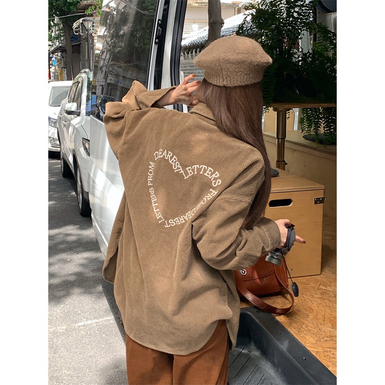 Korean Style Bordir Corduroy Shirt Kemeja Lengan Panjang Wanita Retro Atasan Wanita Kekinian Baju Atasan Wanita