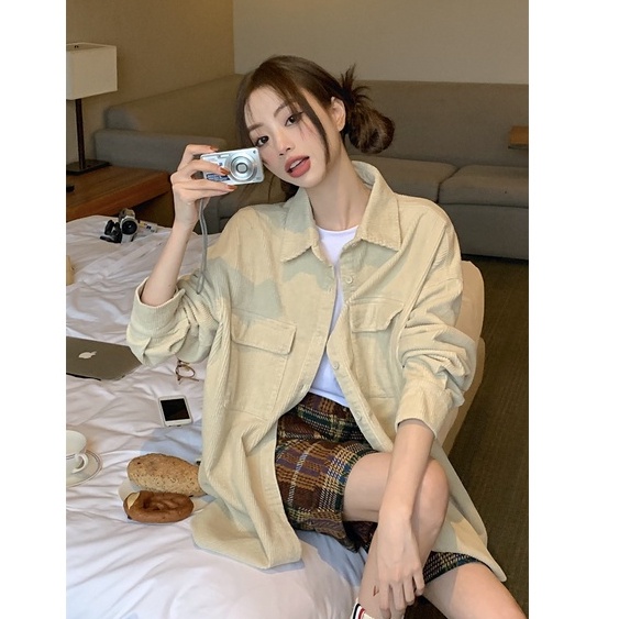 Korean Style Bordir Corduroy Shirt Kemeja Lengan Panjang Wanita Retro Atasan Wanita Kekinian Baju Atasan Wanita