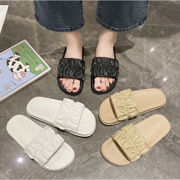 MMM Sandal Slop Wanita Karet Jelly Korea Motif Serut 6697 Sendal Kokop Motif Sandal Serut Karet Elastis Balance Import