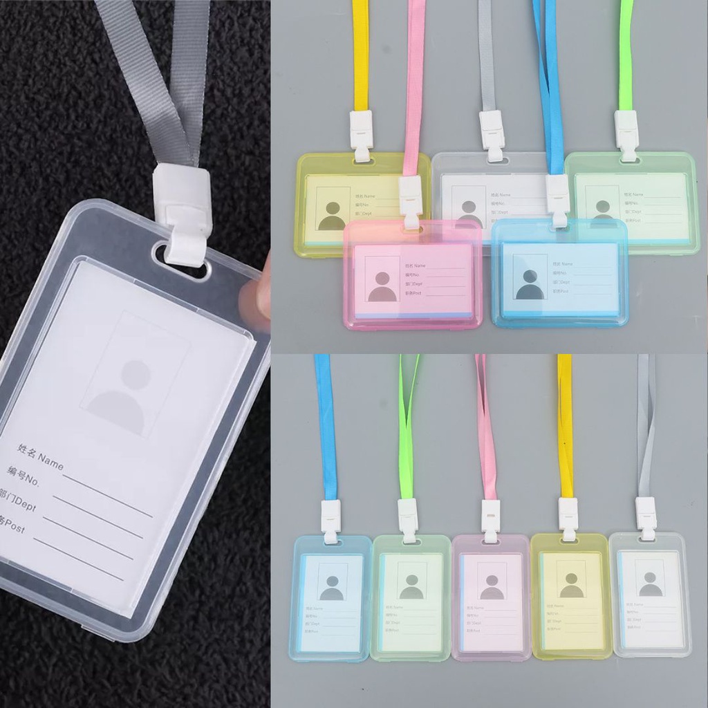 MMM Name Tag Id Card Transparant Gantungan Kartu Nama Plastik Vertical Lanyard Potrait Motif Polos Warna Warni Tanda Pengenal Bening Horizontal