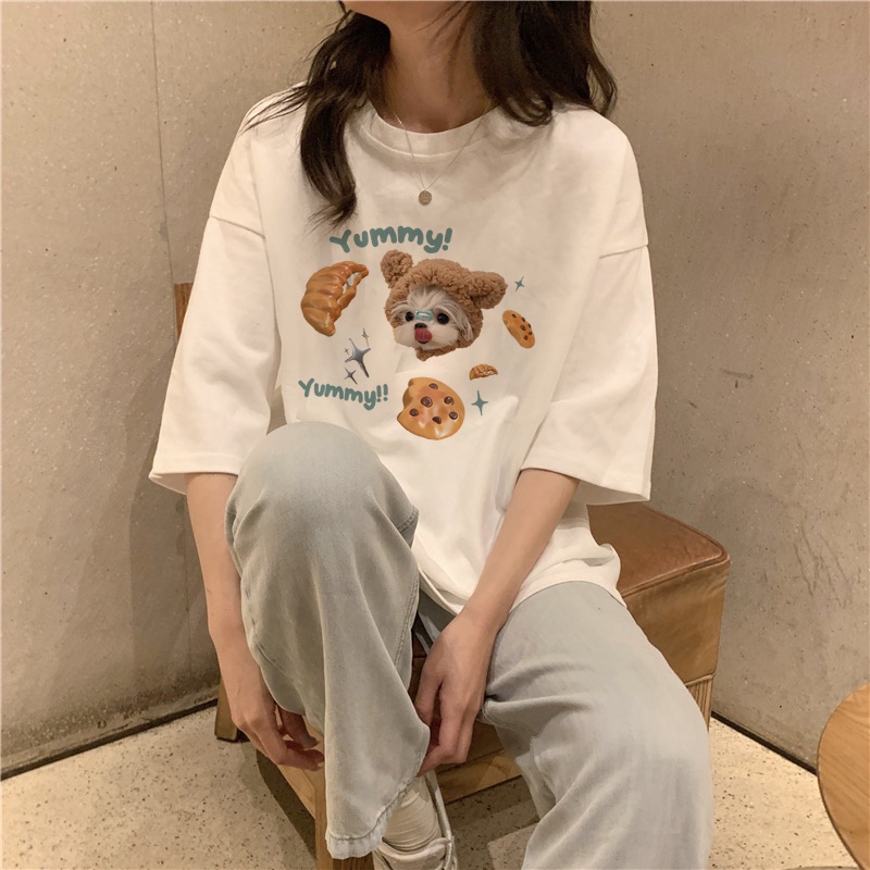 XIAOZHAINV Kaos Atasan Wanita Puppies And Desserts Pattern Lengan Pendek A0913