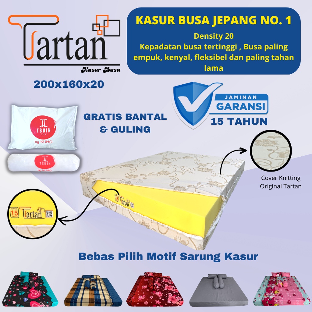 Kasur Busa Tartan Premium Ukuran 200x160x20 Density 20 Garansi 15 Tahun Jaminan Anti Kempes