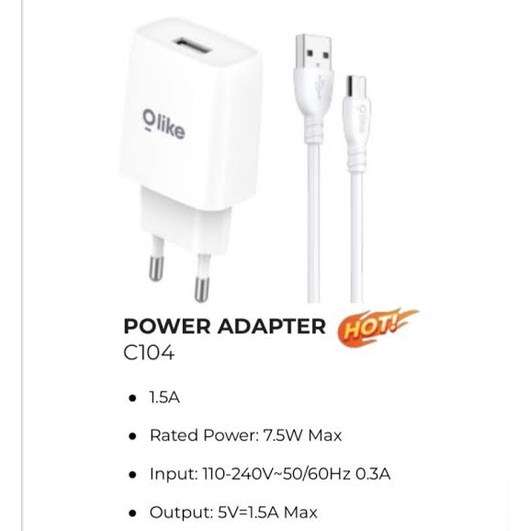 Olike C104 USB Adapter Kepala Charger 1.5A + Micro USB Cable Olike C104 Wall Charger 1.5A Power Adapter Quick Charging