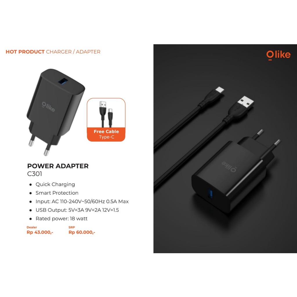 Olike C301 18W Adaptor Charger + Kabel USB-C Type-C Fast Charging Olike Charger Adaptor 18W free Kabel Type C free Kabel Type C C301