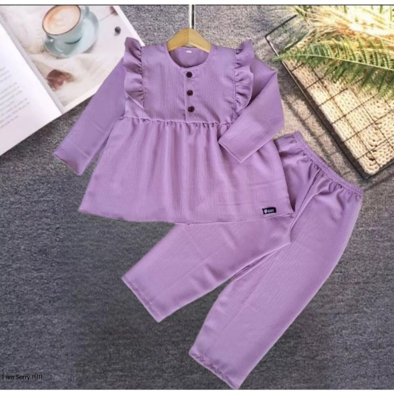 SETELAN CRINGKLE AIRIN BAYI BALITA USIA 4 Bulan S.D 1-5 TAHUN TUNIK ATASAN DAN CELANA WARNA KUNING M