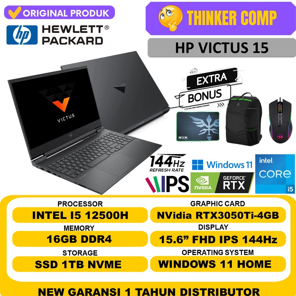 LAPTOP GAMING HP VICTUS 15 Intel Core i5 12500H GEN 12 RAM 16GB 1TB SSD RTX3050Ti IPS 144HZ