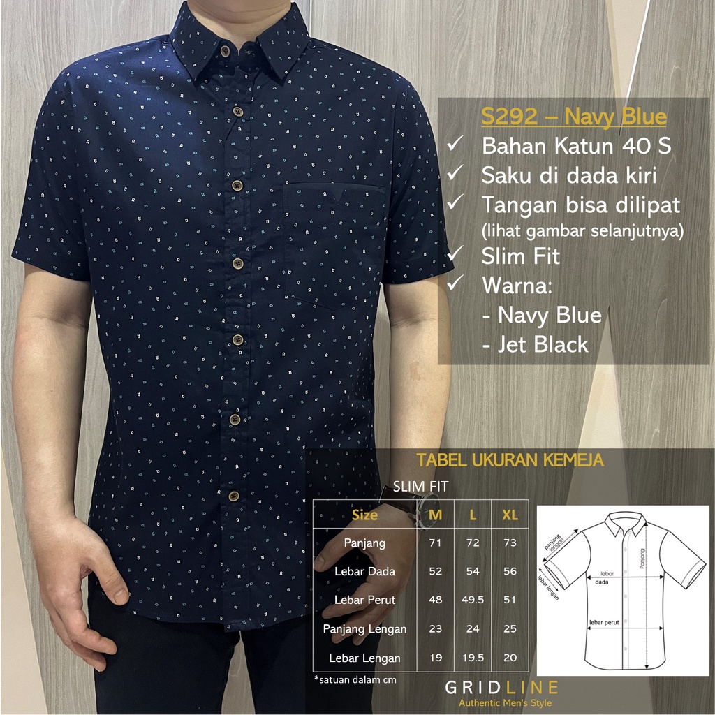 [GRIDLINE - S292 Navy Blue &amp; Jet Black - S180 Black] Kemeja Print Slimfit Pria Katun Lengan Pendek Casual M-XXL