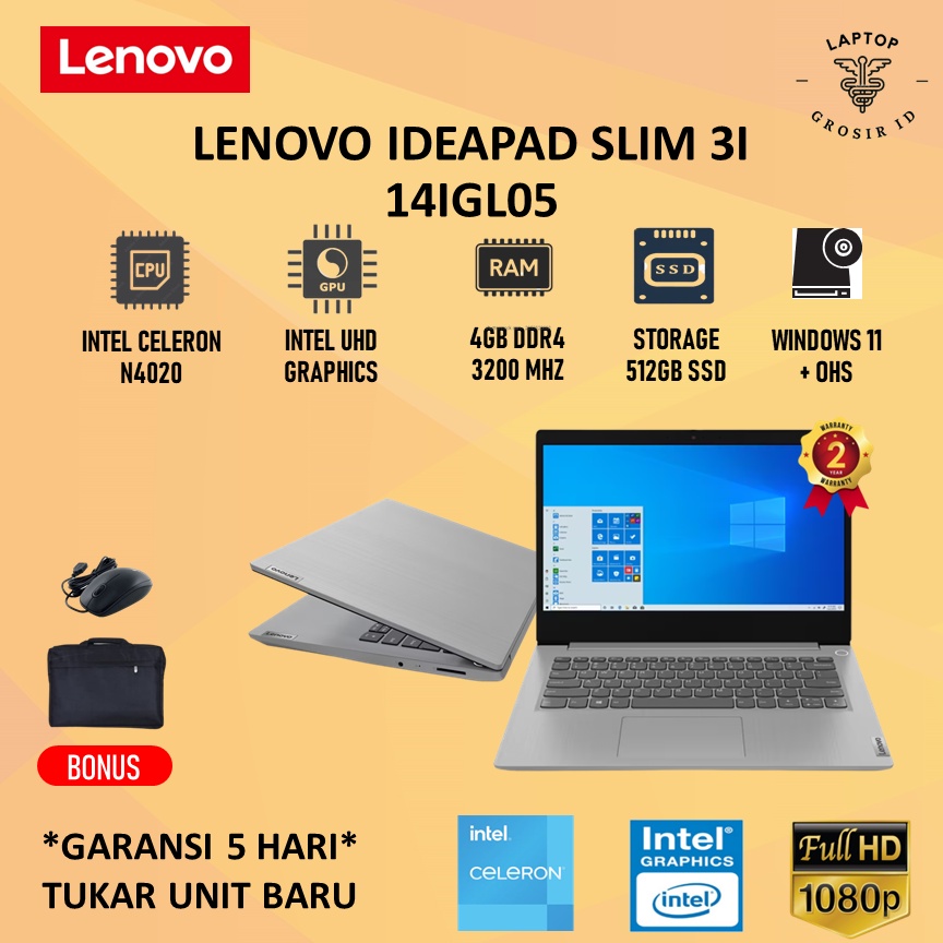 Laptop Lenovo Ideapad Slim 3I 14 N4020 4GB 512SSD W10+OHS 14.0FHD