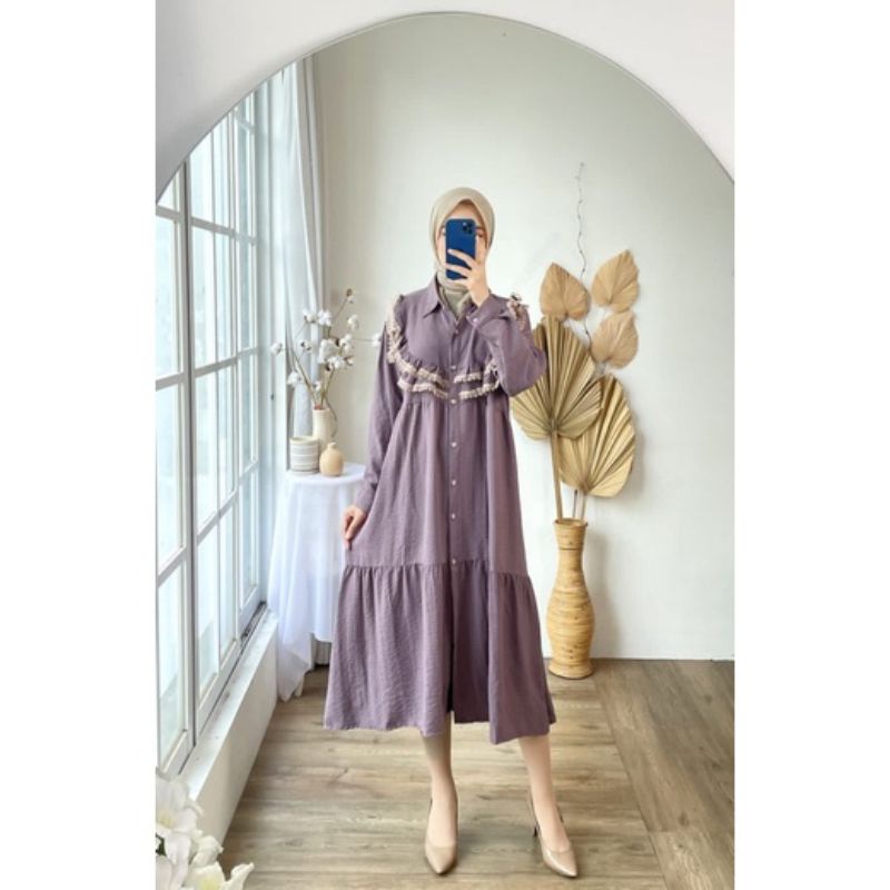 TUNIK DRESS MIDI AKASA CRINKLE JUMBO XXL BIGSIZE MUSLIM POLOS RAYON MURAH PGMTA GROSIR KERAH KANCING