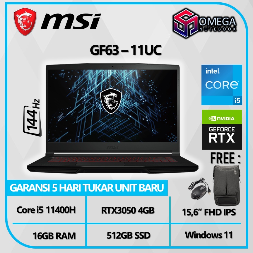 Laptop MSI GF63 11UC i5 11400H 16GB 512GB RTX3050 4GB 15,6 FHD Windows 11 144Hz