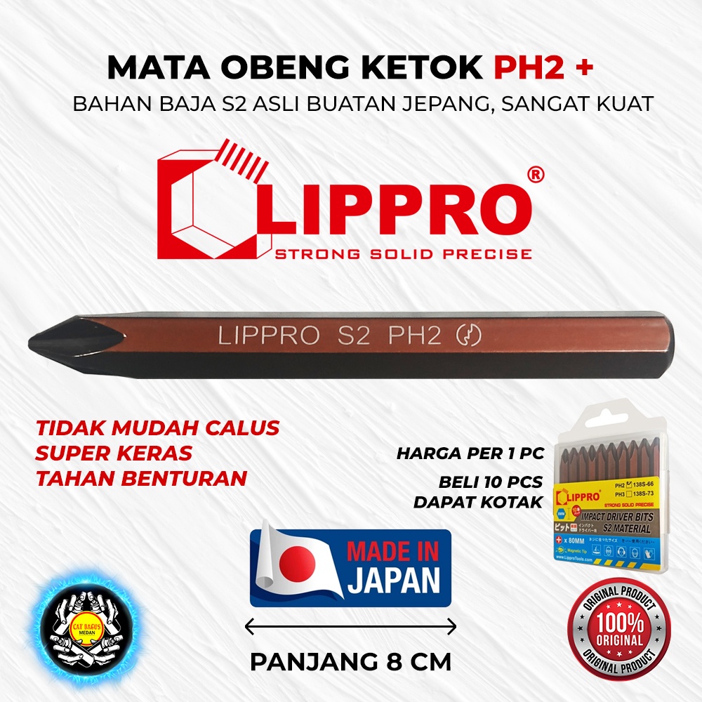 MATA OBENG KETOK PH2 RUNCING + LIPPRO ASLI JAPAN BAJA S2 JEPANG / IMPACT DRIVER BITS BIT 8 MM 80 MM 