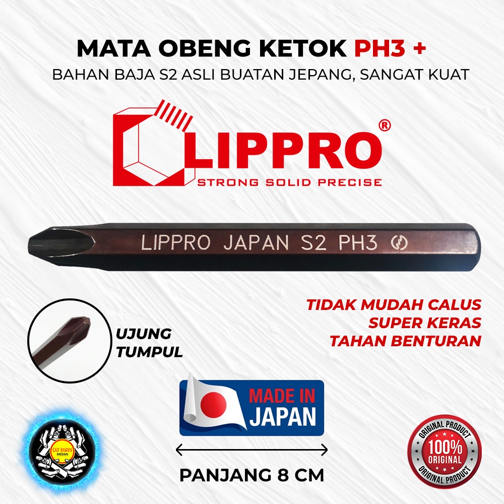 MATA OBENG KETOK PH3 TUMPUL + LIPPRO ASLI JAPAN BAJA S2 JEPANG / IMPACT DRIVER BITS BIT 8 MM 80 MM P