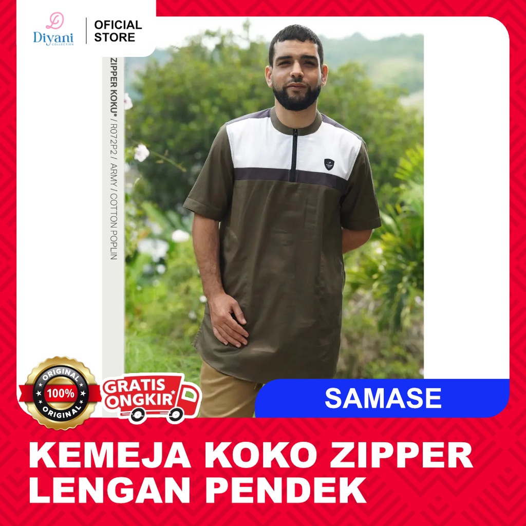 Kemeja Koko Zipper Pria Lengan Pendek Samase Koku R 072P - Baju Koko Muslim Samase - Kemeja Muslim Z