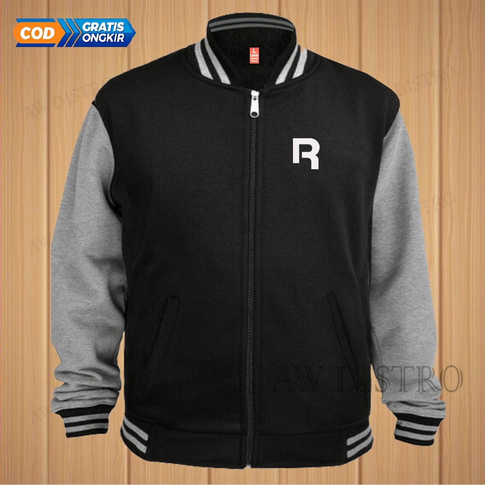 COD Jaket Baseball Varsity Distro Logo R Text Putih Premium Quality