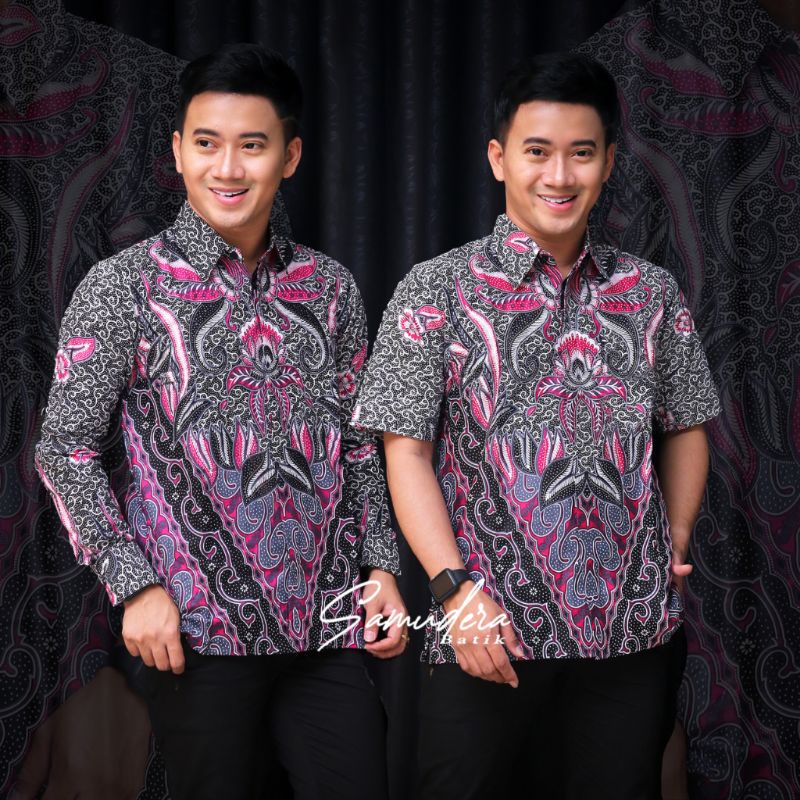 Batik Pria Lengan Panjang Pendek BATIK SAMUDERA HRB026 motif KERATONAN Kode 002 size M L XL XXL Reguler