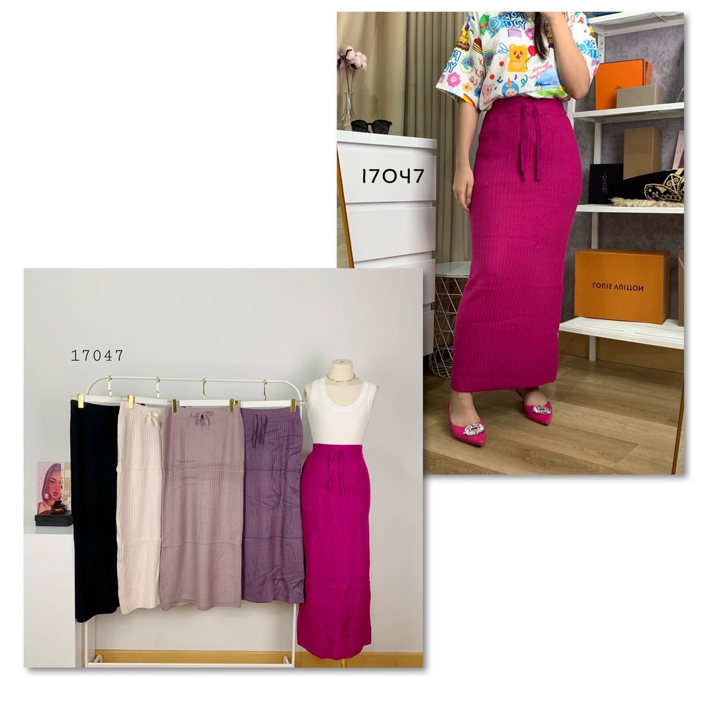 17047 ROK RAJUT PANJANG POLOS WANITA PINGGANG KARET PREMIUM WANITA SERUT TALI DEPAN VARIASI LIST JAH