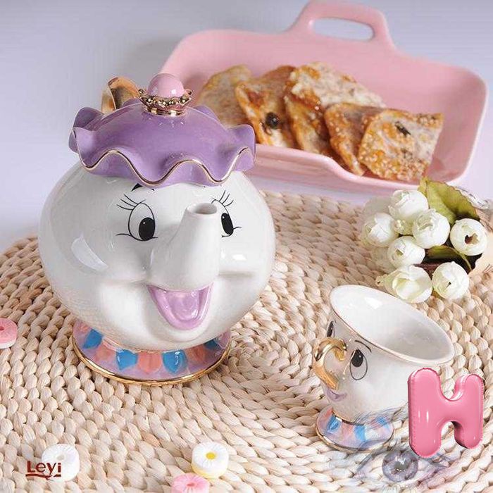 Set Teko Cangkir Teh Teapot Tea Pot Gelas Glass Karakter Beauty and The Beast Keramik Ceramic Hamper