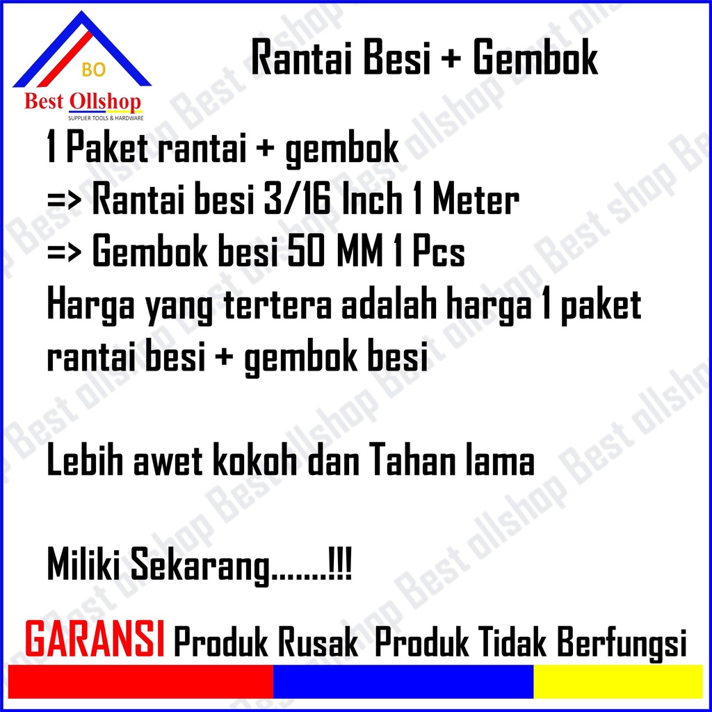 Paket Gembok Rantai 1 M Gembok Kunci Rumah Pagar Sepeda Motor Rantai Besi 3/16 5 MM Gembok 50 MM