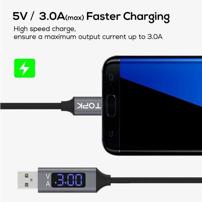 Cable Charging Smartphone Port TOPK Kabel Charger Micro USB TPE 3A Voltage Meter Pengukur Daya