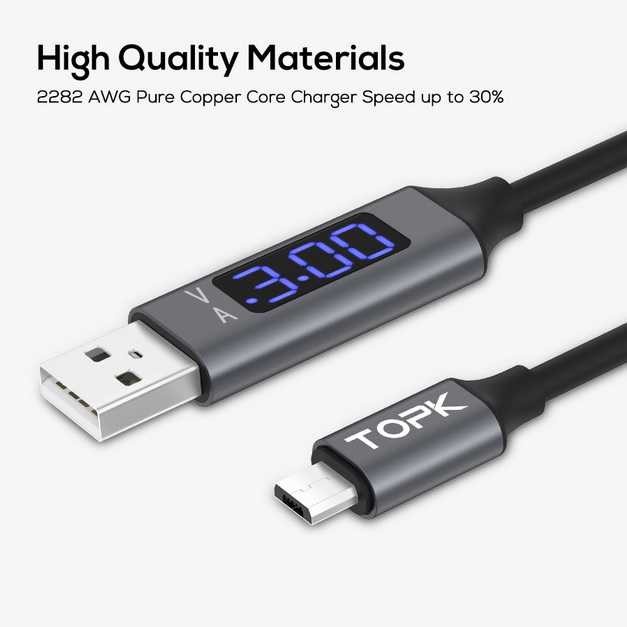 Cable Charging Smartphone Port TOPK Kabel Charger Micro USB TPE 3A Voltage Meter Pengukur Daya