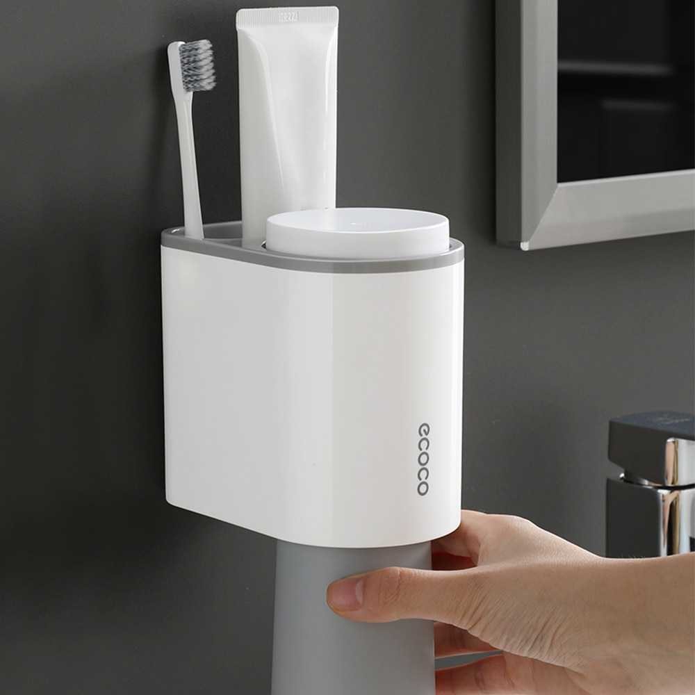 ECOCO Tempat Rak Sikat Gigi &amp; Gelas Magnetic Wall Mounted Toothbrush Holder Tahan Lama ORI