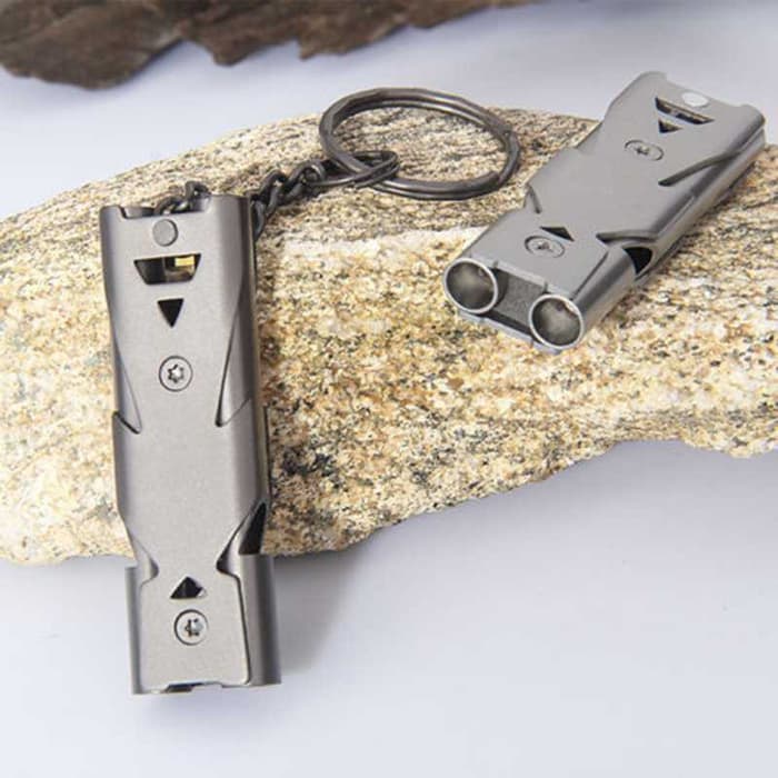 Whistle Mini BAKMK Peluit Survival Double Pipe Stainless Steel BLW24 Gantungan Kunci Camping Praktis