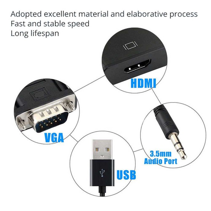Kabel Adapter Converter VGA Male ke HDMI 1080P Audio Jack 3.5mm Cable Konverter Plug USB Power Video