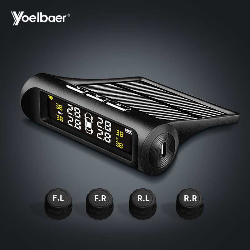 Yoelbaer Monitoring Tekanan Ban Mobil TPMS Solar Panel Power LCD Display 4 External Sensor