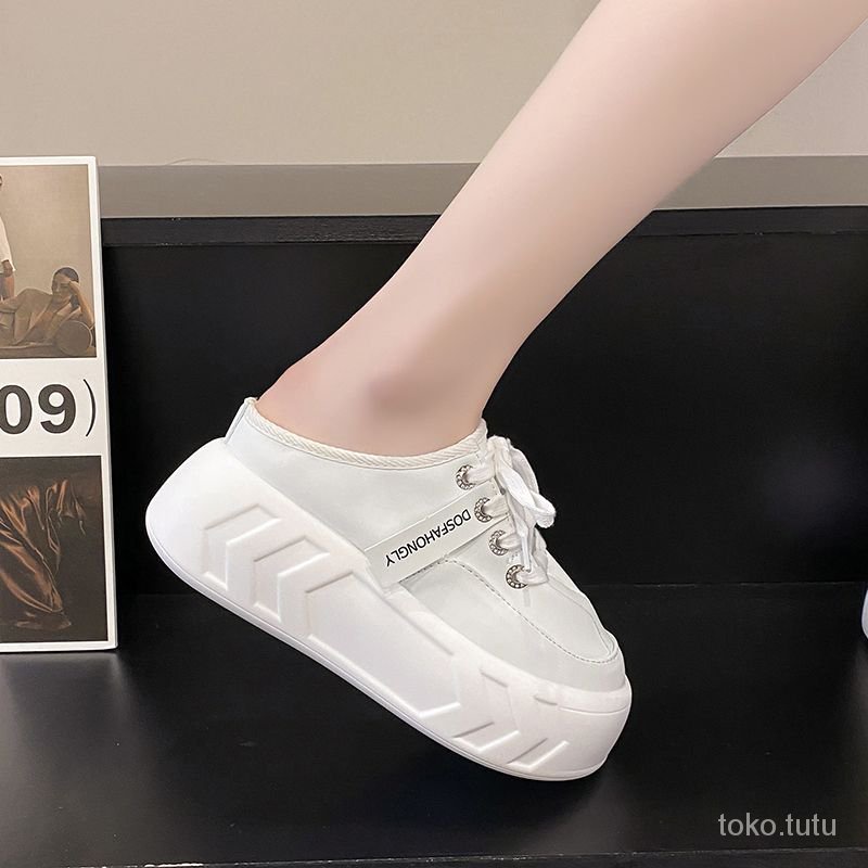 Baotou Daddy Sepatu Setengah Sandal Wanita 2023 Baru Malas Bersol Tebal Muffin Meningkatkan Kasual S