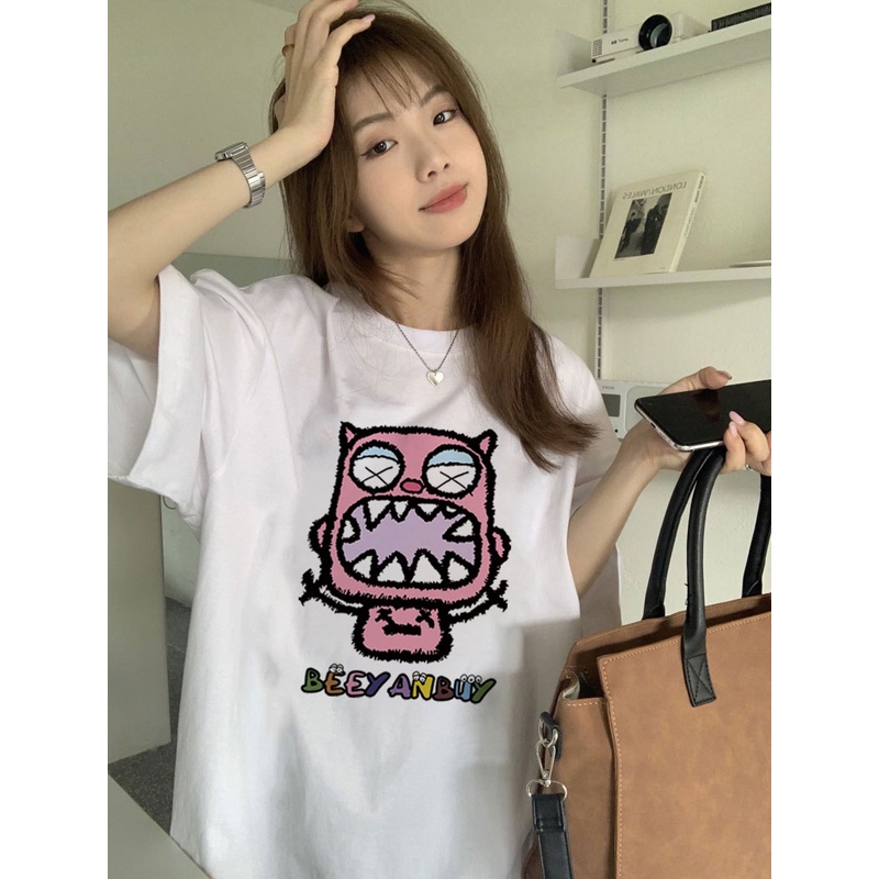 kaos oversize wanita import lengan pendek cartoon graphic graffiti print T-shirt import kaos cream