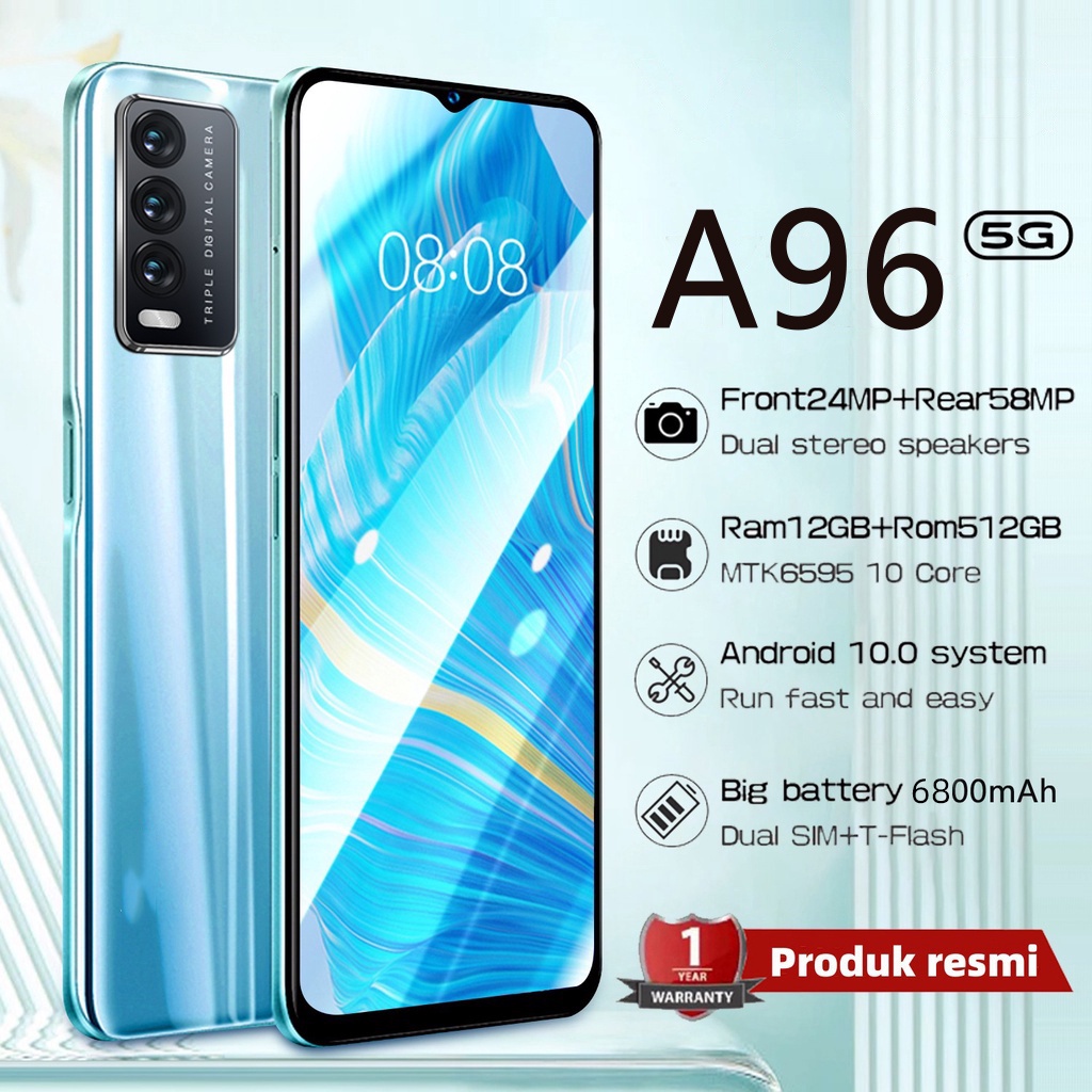 【Bisa COD】Baru asli OPP0 A96 12GB/512GB 6800mAh Battery, NFC, 48MP AI Triple Camera handphone origin