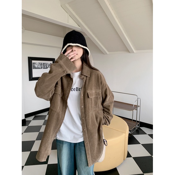 XIAOZHAINV Kemeja Corduroy Lengan Panjang Korean Style Oversize Atasan Wanita 0743