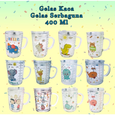 (GS) Gelas Anak Kaca Bening Dengan Gagang Dan Tutup AB56 / Gelas Anak Anti Bocor Murah / Gelas Mug Tumbler Motif Imut Free Sedotan