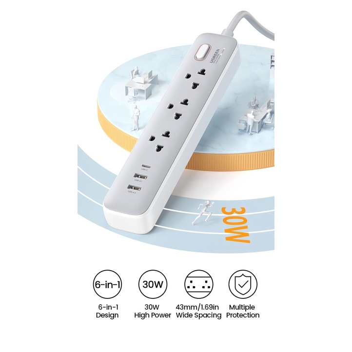 UGREEN Stop Kontak Kabel Power Strip Colokan Listrik Socket USB A + Type C GaN 30W Fast Charging