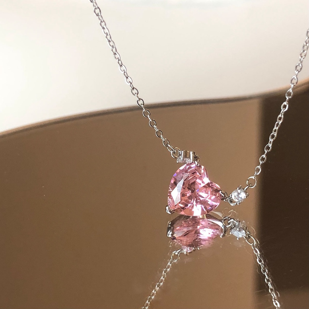 Kalung Cinta Liontin Zirconia Pink Korea Sederhana Fashion Gaya Untuk Wanita-Doo