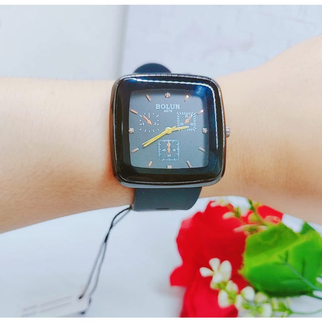 Jam Tangan Hitam Kotak pria &amp; Wanita Fashion J01