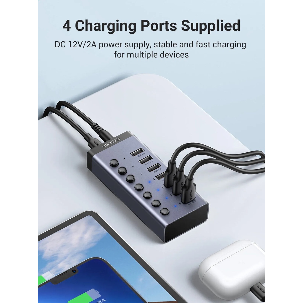 UGREEN HUB 7 Port USB 3.0 High Speed 5Gbps With 4 Charging Port Individual Switches