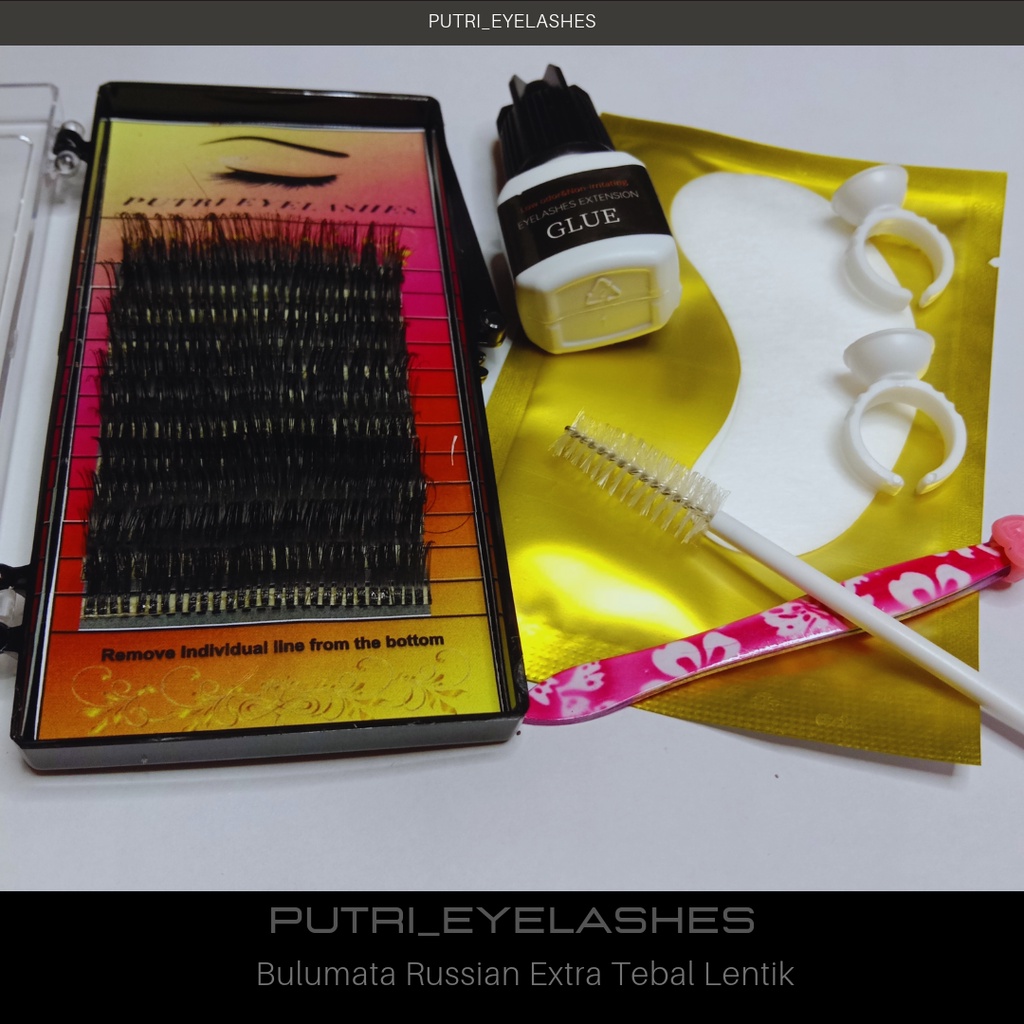 Paket Bulumata Russian Putri Eyelashes [ Merah ] - Lem Glue - Sisir Bulumata - 2 Ring Glue - pinset - Eye Gel Patches