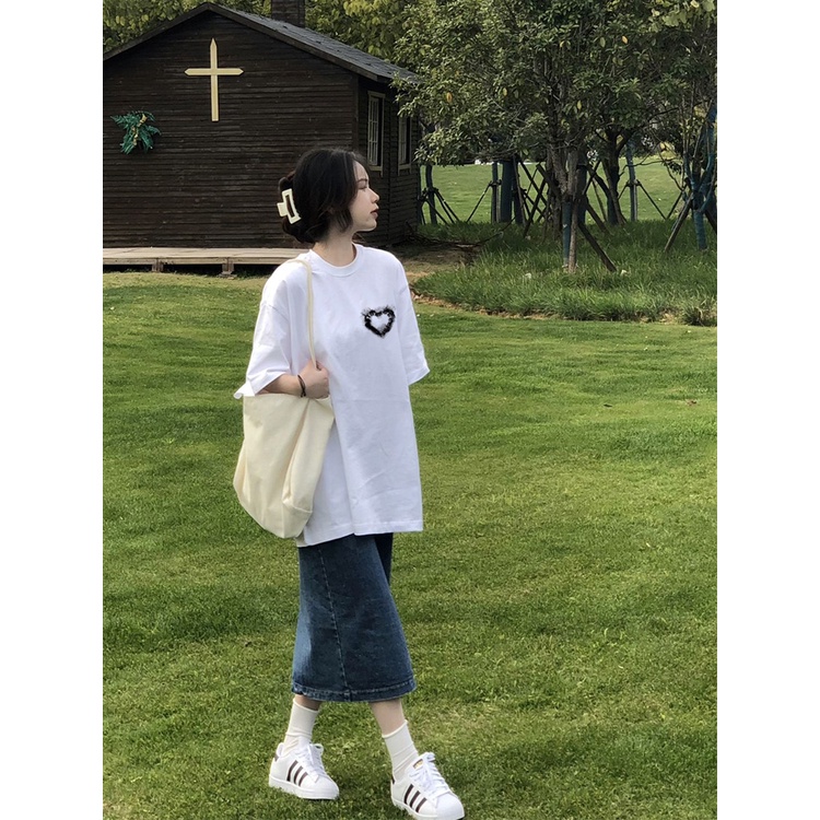 EUNII T-shirt Lengan Pendek Vintage Hitam Love Ink Korean Style/Kaos Atasan Wanita/Baju Kaus Oversize Wanita/Kaos Wanita