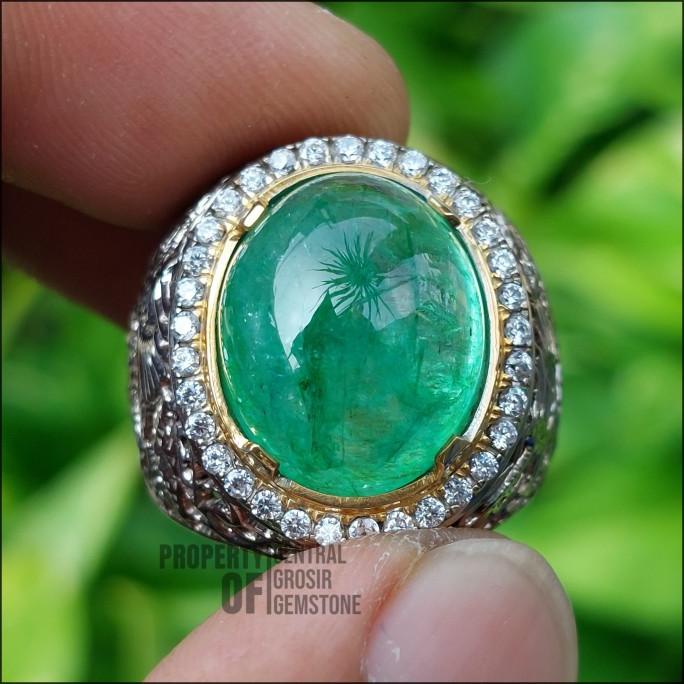 Cincin Permata Zamrud Asli Natural Green Beryl Emerald Cabochon Memo