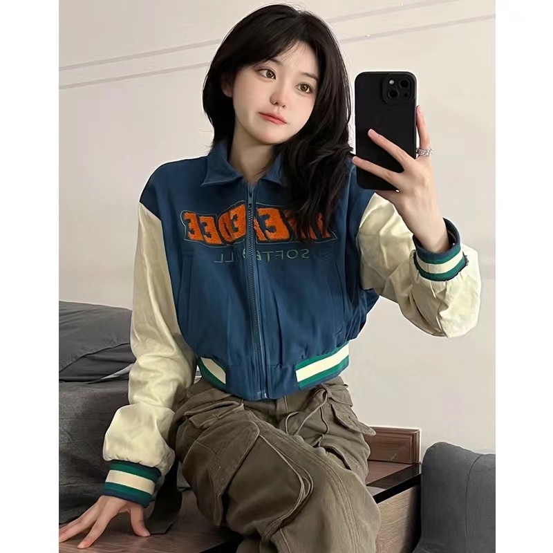 Jaket Baseball Crop Wanita Vintage Jacket Kekinian Korean Style